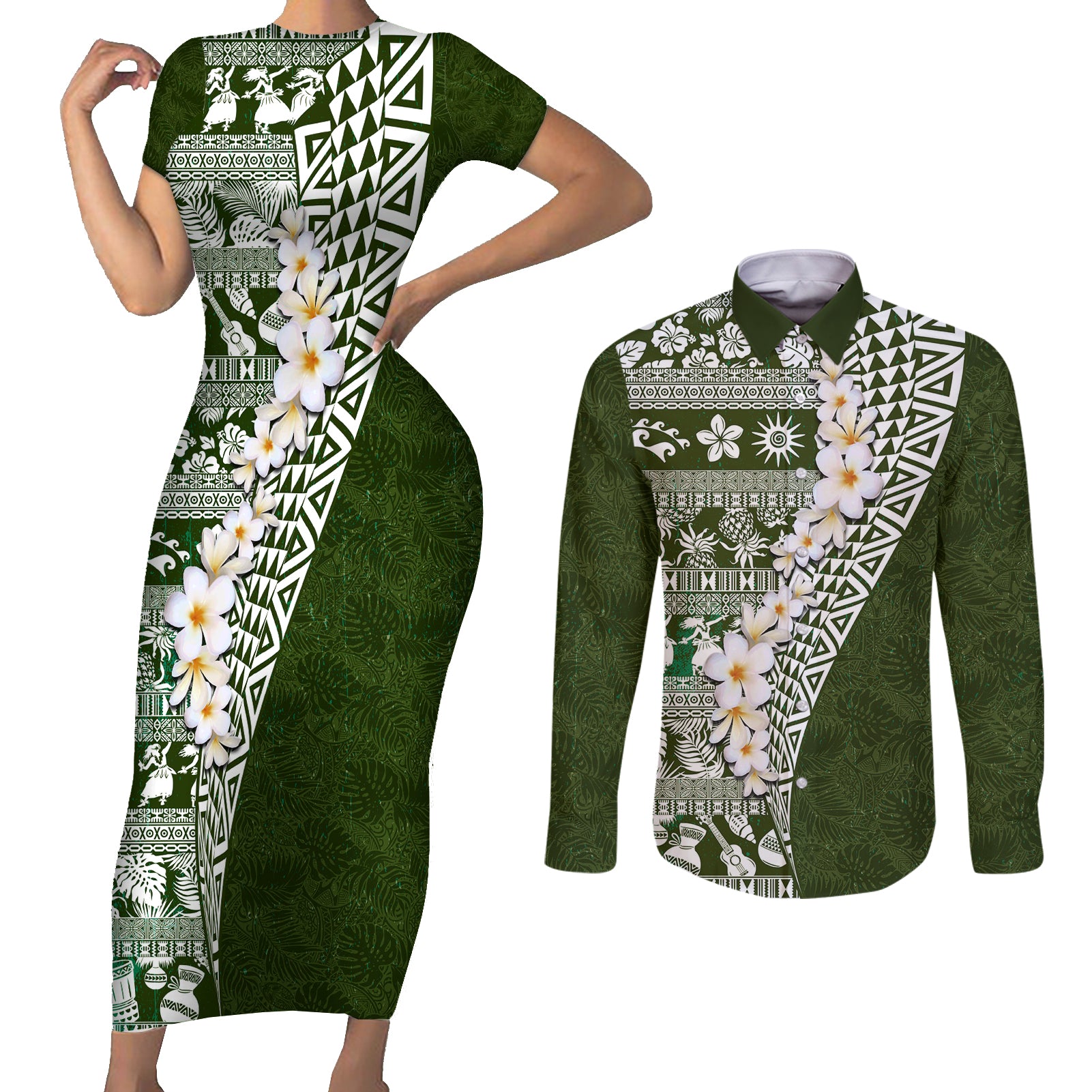 Hawaii Plumeria Tribal Vintage Couples Matching Short Sleeve Bodycon Dress and Long Sleeve Button Shirt Special Green