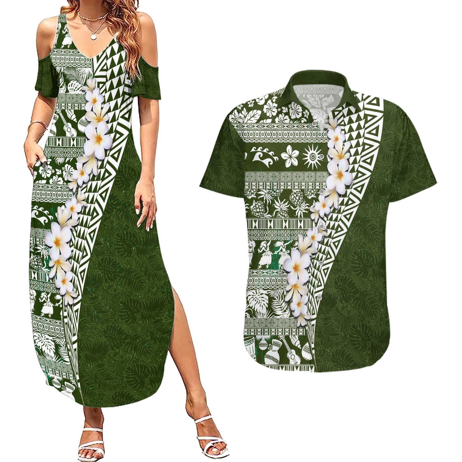 Hawaii Plumeria Tribal Vintage Couples Matching Summer Maxi Dress and Hawaiian Shirt Special Green