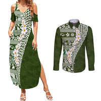 Hawaii Plumeria Tribal Vintage Couples Matching Summer Maxi Dress and Long Sleeve Button Shirt Special Green