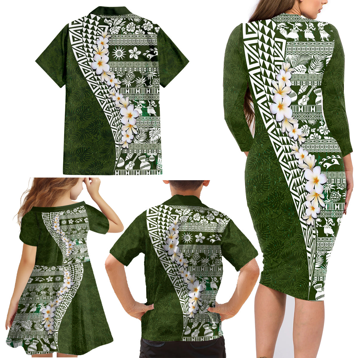 Hawaii Plumeria Tribal Vintage Family Matching Long Sleeve Bodycon Dress and Hawaiian Shirt Special Green