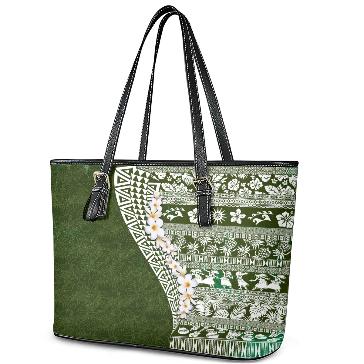 Hawaii Plumeria Tribal Vintage Leather Tote Bag Special Green