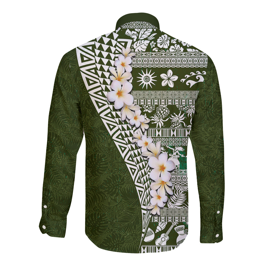Hawaii Plumeria Tribal Vintage Long Sleeve Button Shirt Special Green LT03 - Polynesian Pride