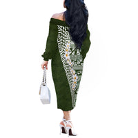 Hawaii Plumeria Tribal Vintage Off The Shoulder Long Sleeve Dress Special Green