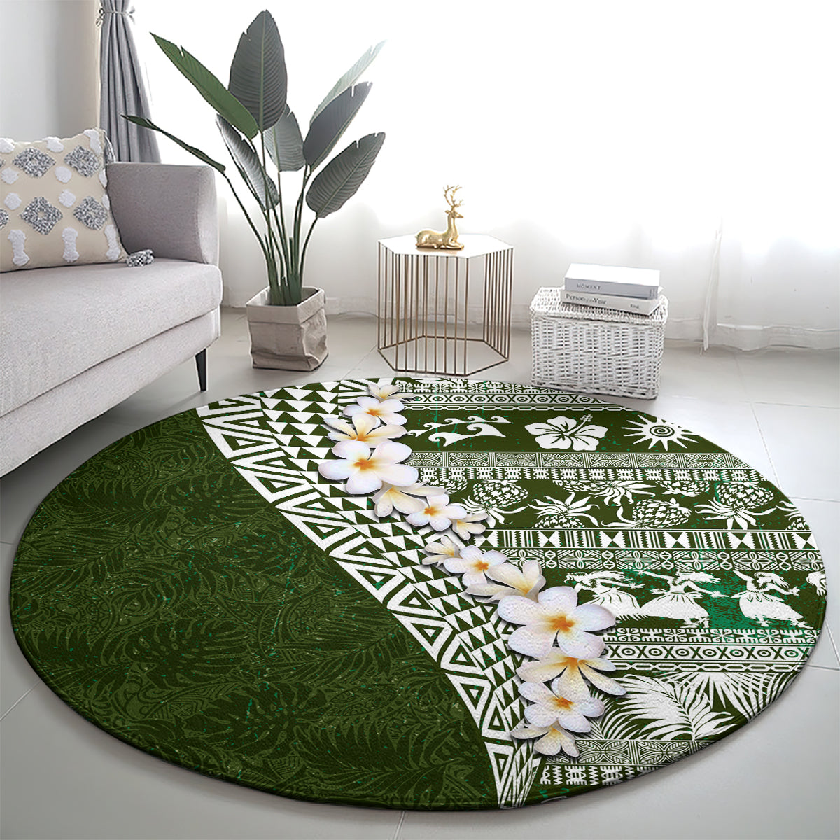 Hawaii Plumeria Tribal Vintage Round Carpet Special Green LT03 - Polynesian Pride