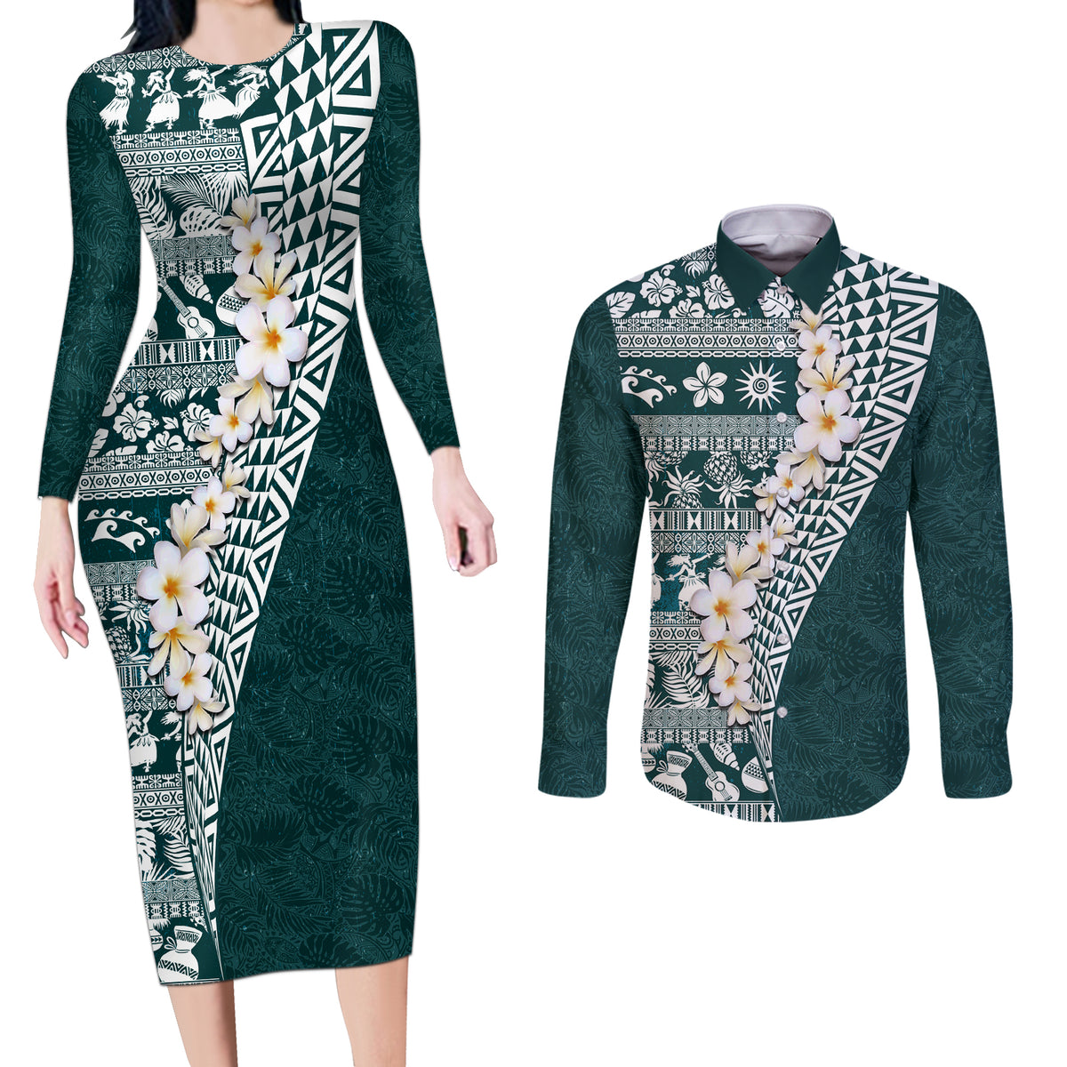 Hawaii Plumeria Tribal Vintage Couples Matching Long Sleeve Bodycon Dress and Long Sleeve Button Shirt Special Turquoise