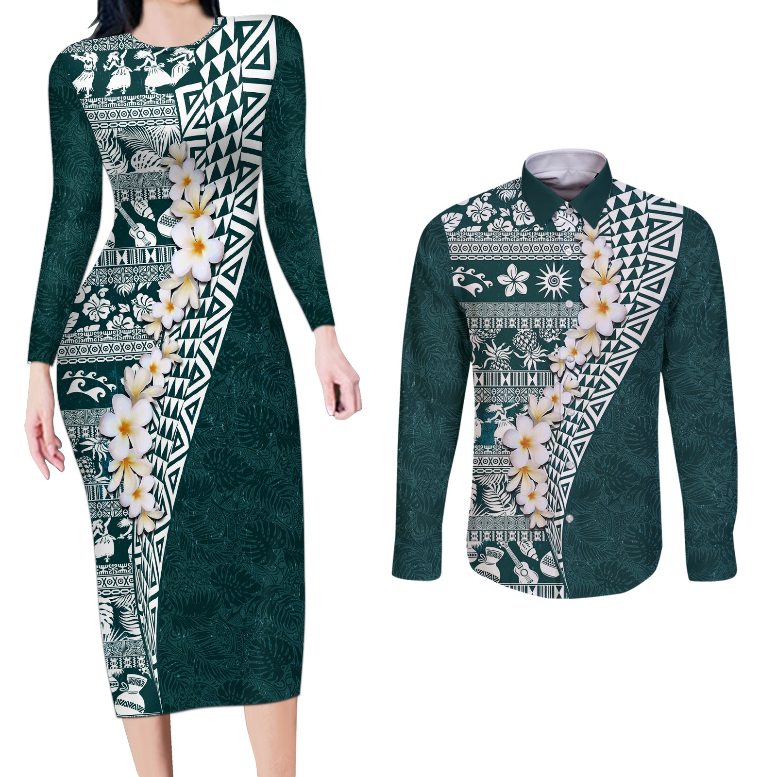 Hawaii Plumeria Tribal Vintage Couples Matching Long Sleeve Bodycon Dress and Long Sleeve Button Shirt Special Turquoise