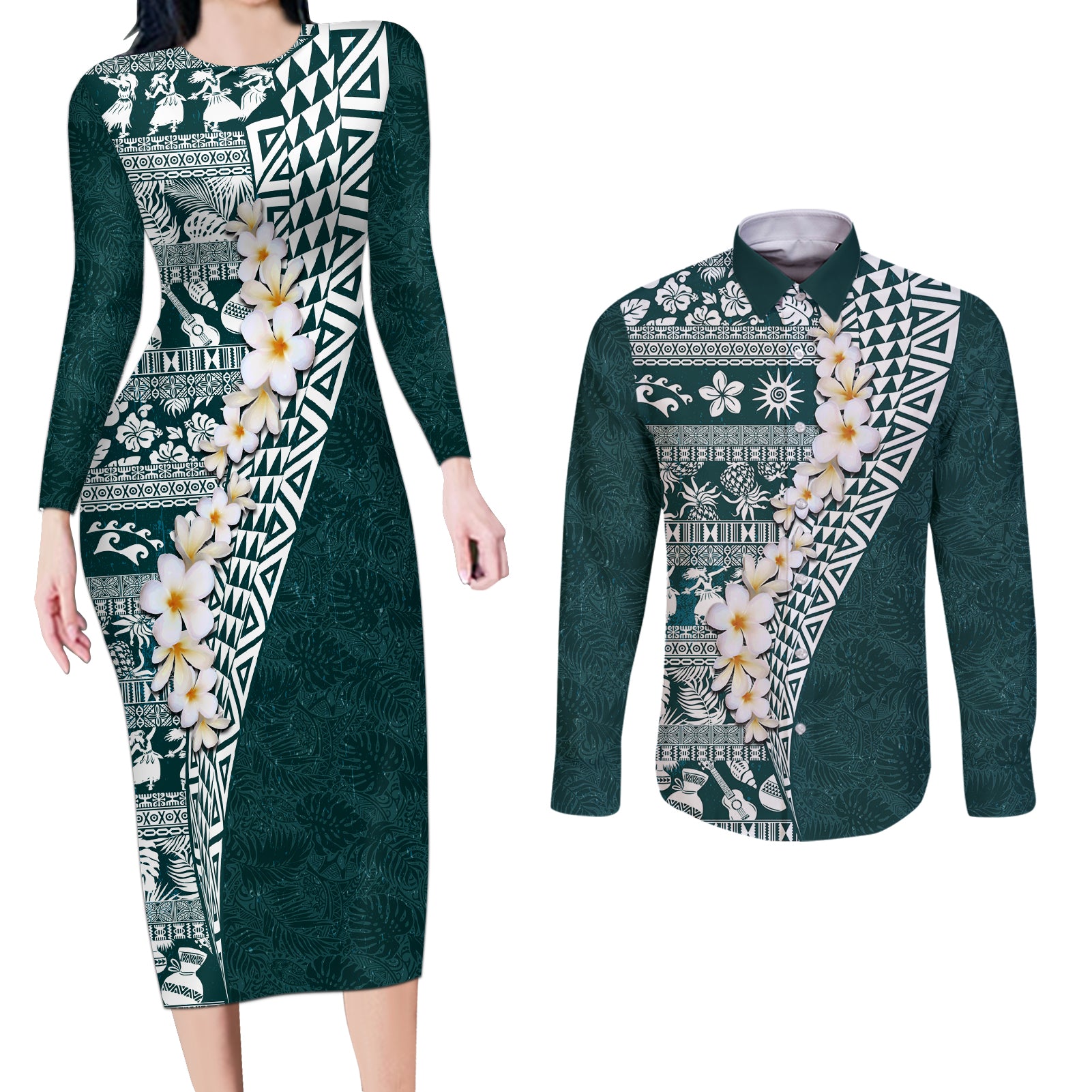 Hawaii Plumeria Tribal Vintage Couples Matching Long Sleeve Bodycon Dress and Long Sleeve Button Shirt Special Turquoise