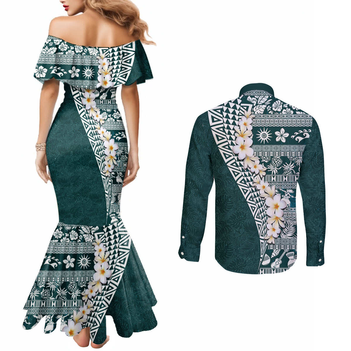 Hawaii Plumeria Tribal Vintage Couples Matching Mermaid Dress and Long Sleeve Button Shirt Special Turquoise