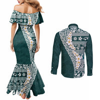 Hawaii Plumeria Tribal Vintage Couples Matching Mermaid Dress and Long Sleeve Button Shirt Special Turquoise