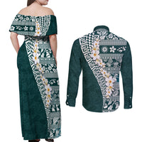 Hawaii Plumeria Tribal Vintage Couples Matching Off Shoulder Maxi Dress and Long Sleeve Button Shirt Special Turquoise