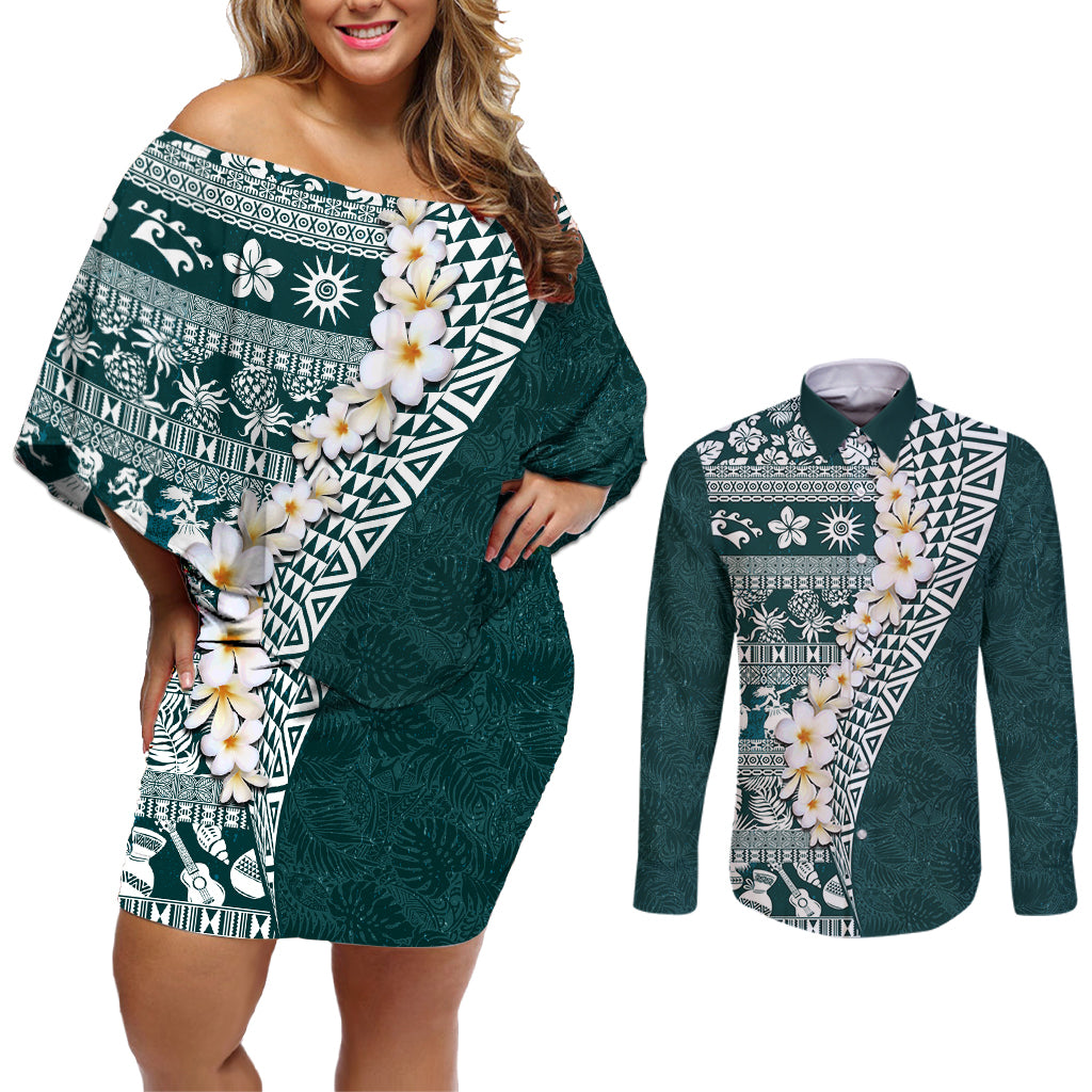 Hawaii Plumeria Tribal Vintage Couples Matching Off Shoulder Short Dress and Long Sleeve Button Shirt Special Turquoise
