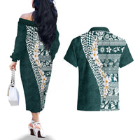 Hawaii Plumeria Tribal Vintage Couples Matching Off The Shoulder Long Sleeve Dress and Hawaiian Shirt Special Turquoise