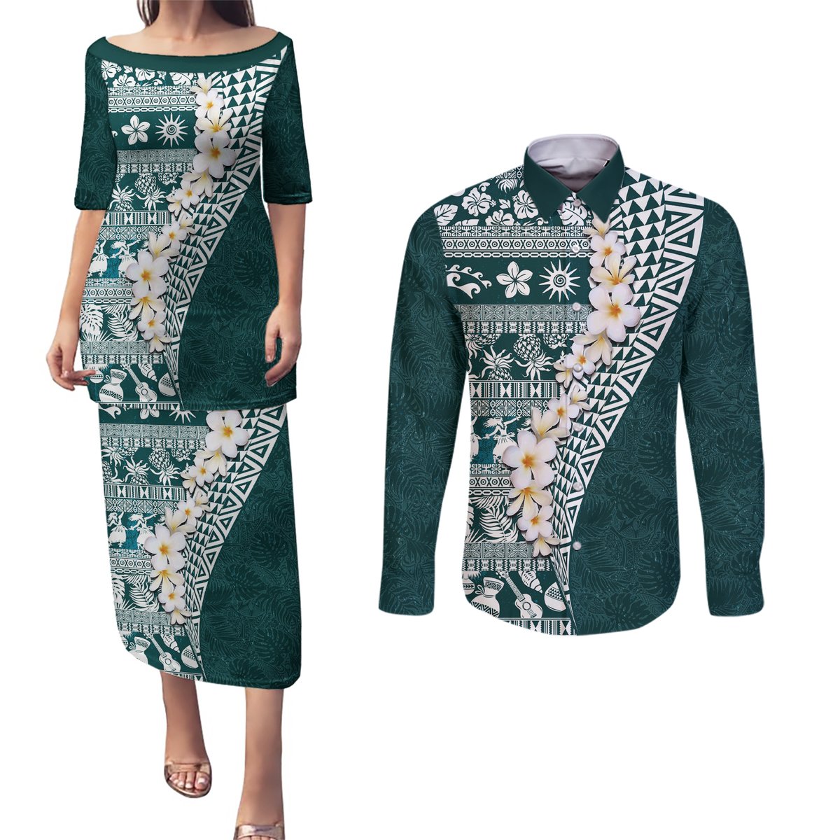 Hawaii Plumeria Tribal Vintage Couples Matching Puletasi and Long Sleeve Button Shirt Special Turquoise