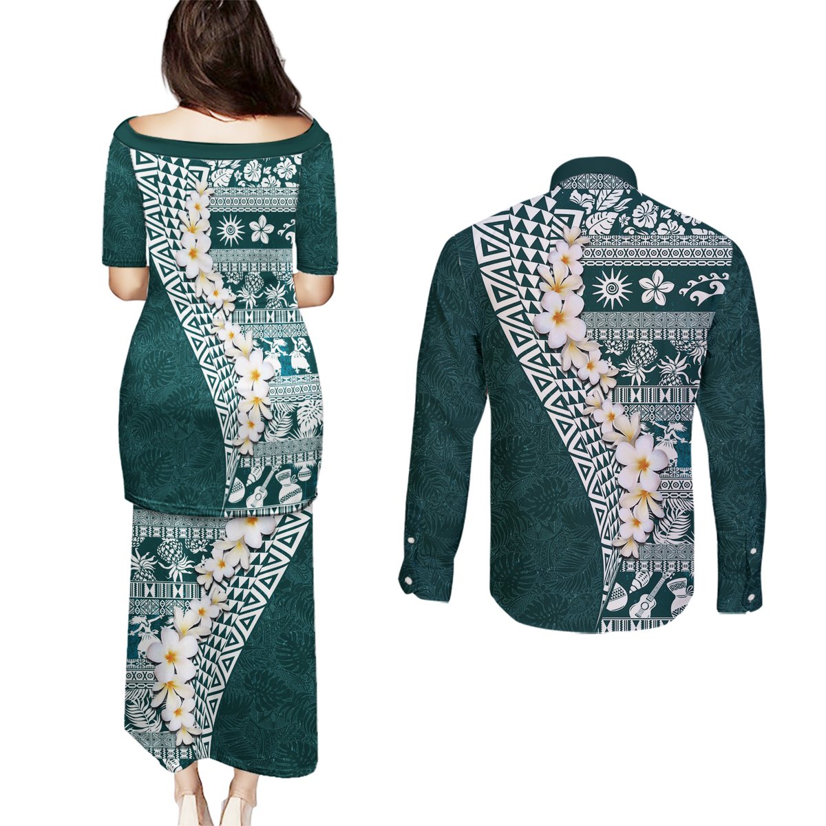 Hawaii Plumeria Tribal Vintage Couples Matching Puletasi and Long Sleeve Button Shirt Special Turquoise