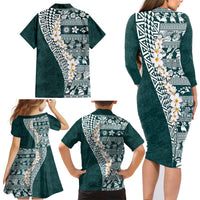 Hawaii Plumeria Tribal Vintage Family Matching Long Sleeve Bodycon Dress and Hawaiian Shirt Special Turquoise