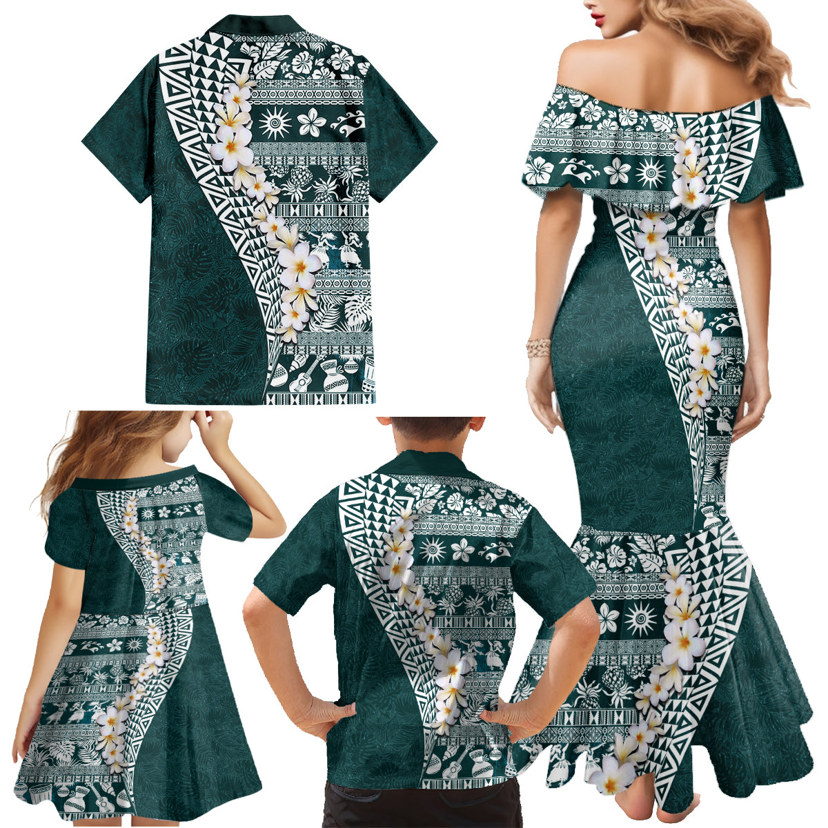 Hawaii Plumeria Tribal Vintage Family Matching Mermaid Dress and Hawaiian Shirt Special Turquoise