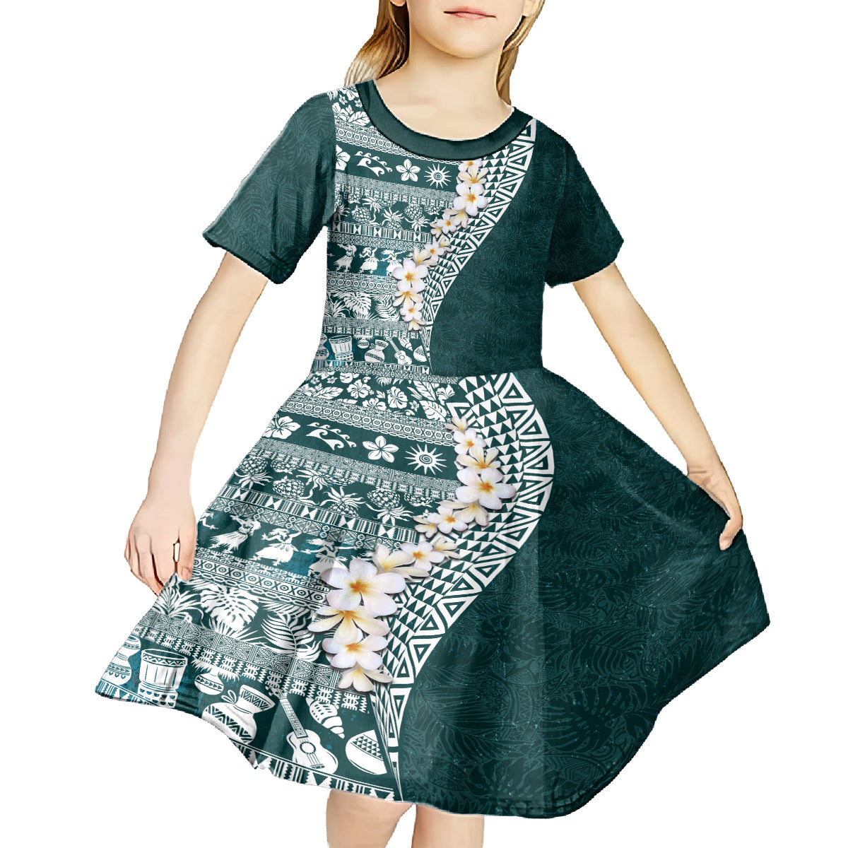 Hawaii Plumeria Tribal Vintage Kid Short Sleeve Dress Special Turquoise