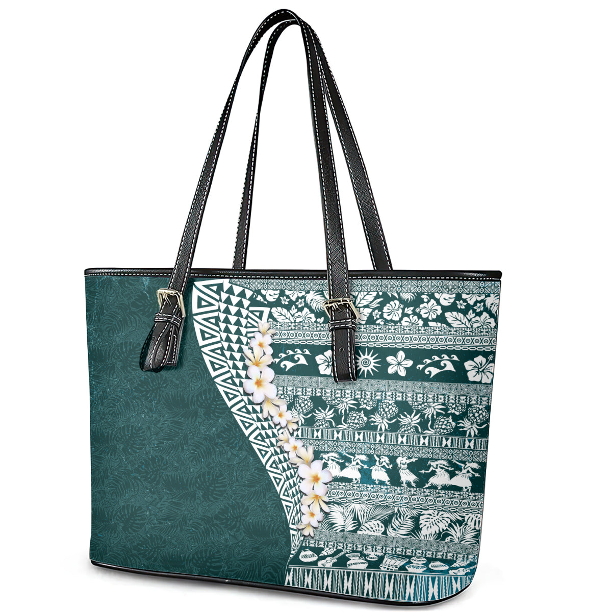 Hawaii Plumeria Tribal Vintage Leather Tote Bag Special Turquoise