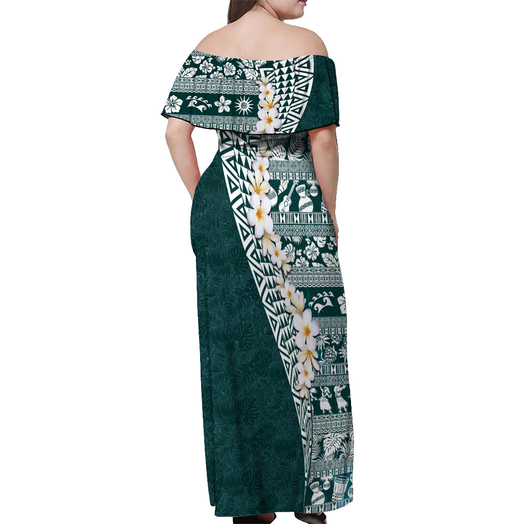 Hawaii Plumeria Tribal Vintage Off Shoulder Maxi Dress Special Turquoise
