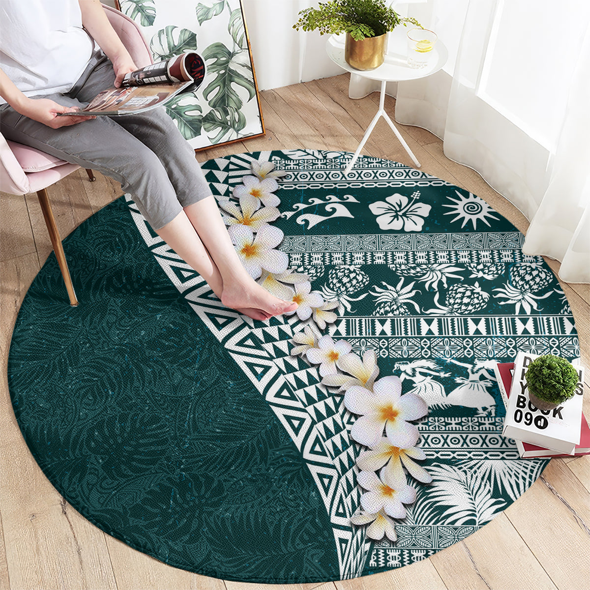 Hawaii Plumeria Tribal Vintage Round Carpet Special Turquoise LT03 - Polynesian Pride