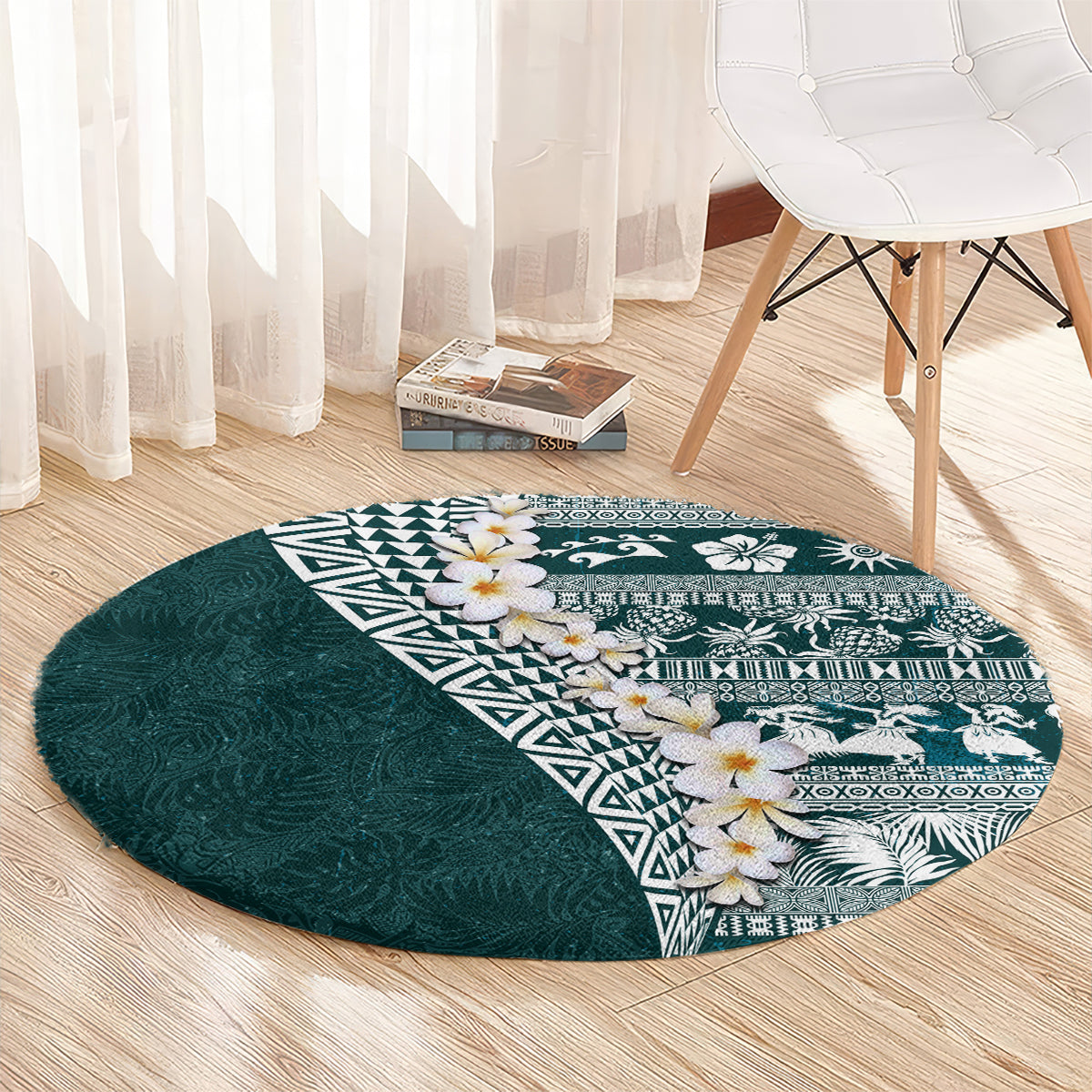 Hawaii Plumeria Tribal Vintage Round Carpet Special Turquoise LT03 - Polynesian Pride