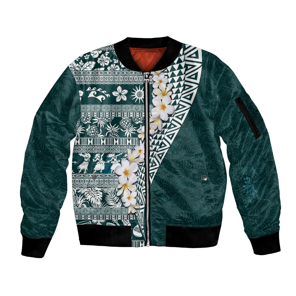 Hawaii Plumeria Tribal Vintage Sleeve Zip Bomber Jacket Special Turquoise