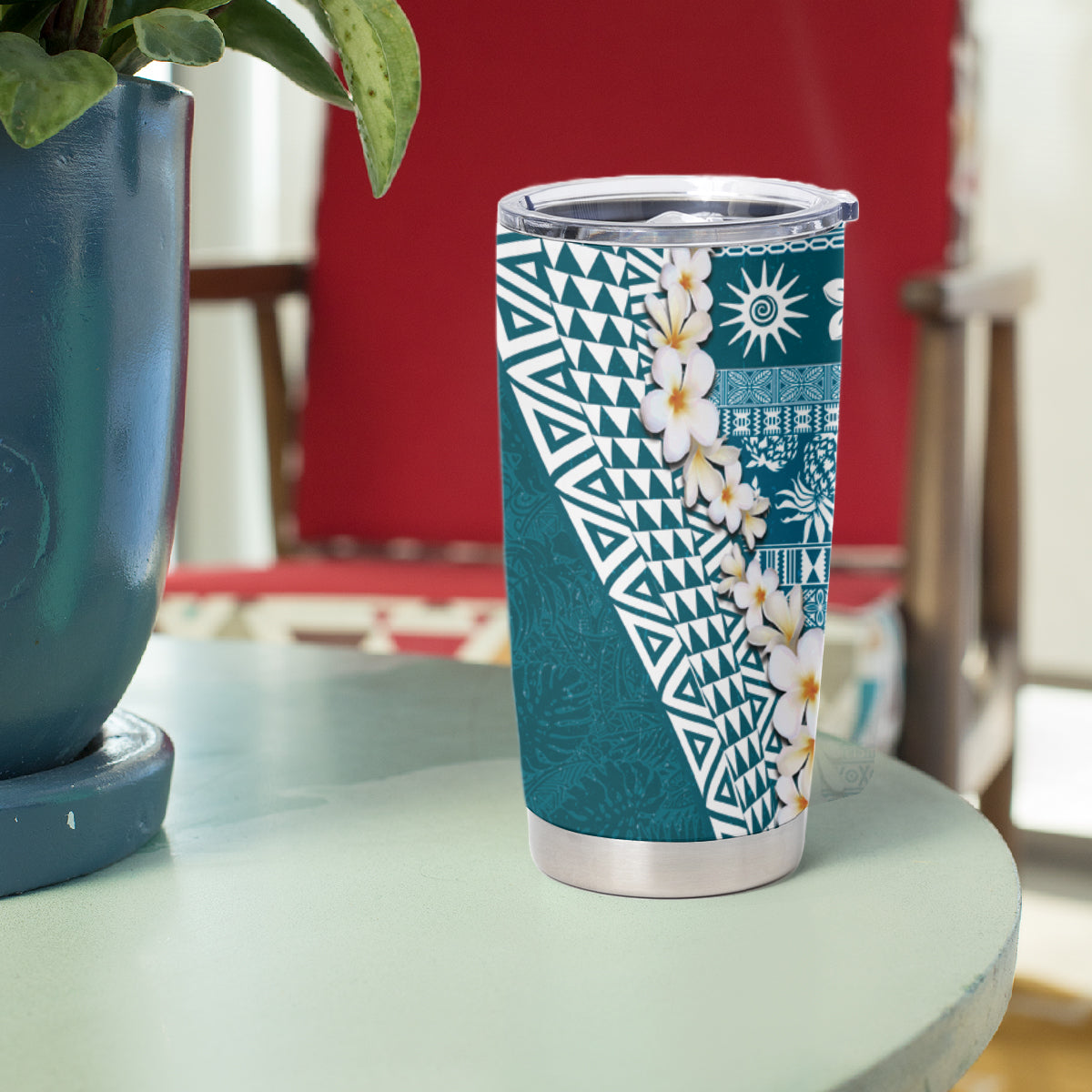 Hawaii Plumeria Tribal Vintage Tumbler Cup Special Turquoise