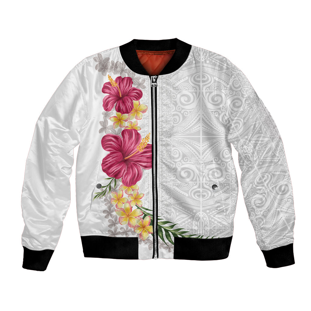 Hawaiian Plumeria and Hibiscus Bomber Jacket White Mode