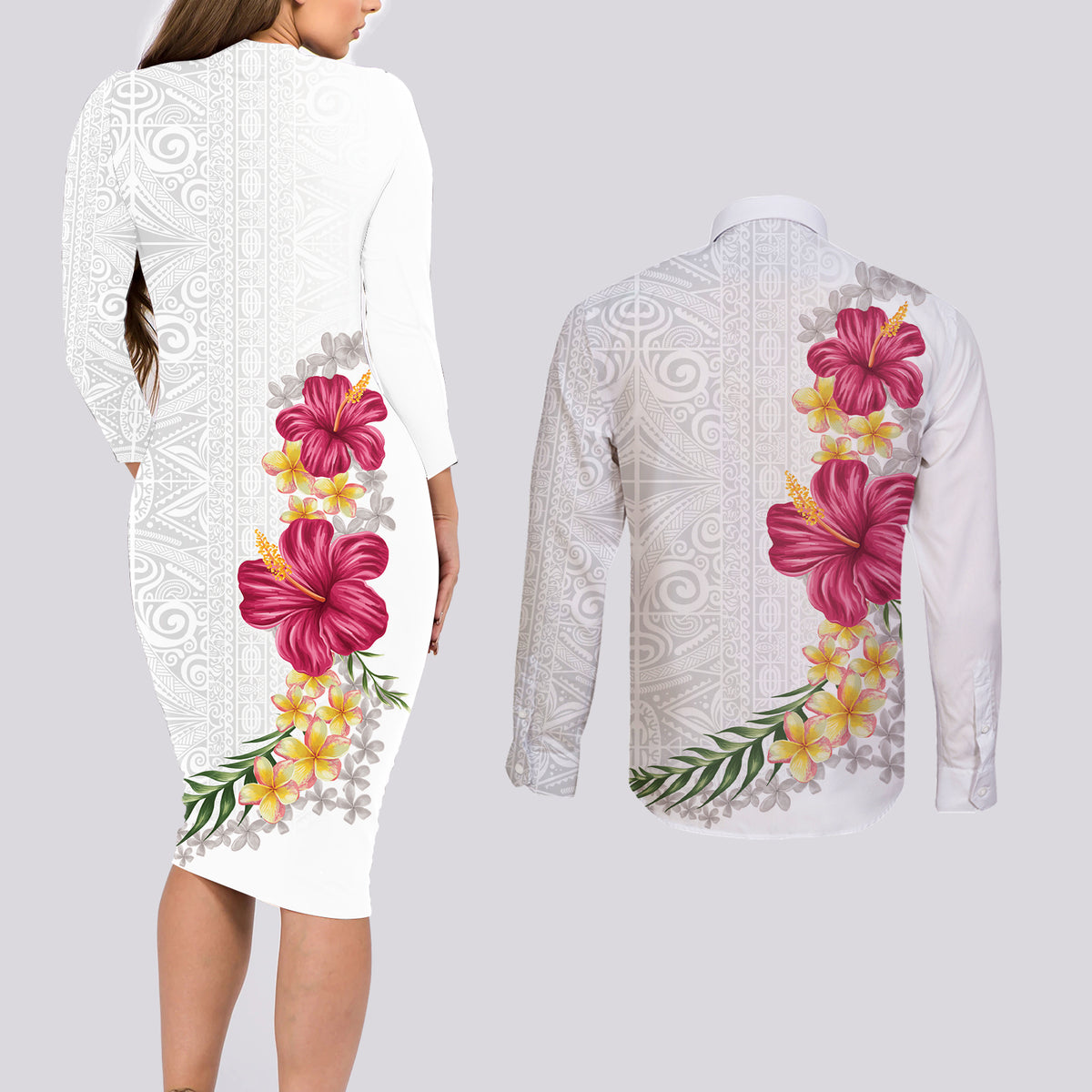 Hawaiian Plumeria and Hibiscus Couples Matching Long Sleeve Bodycon Dress and Long Sleeve Button Shirt White Mode