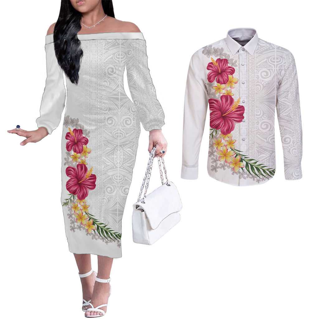 Hawaiian Plumeria and Hibiscus Couples Matching Off The Shoulder Long Sleeve Dress and Long Sleeve Button Shirt White Mode