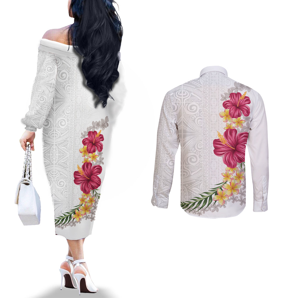 Hawaiian Plumeria and Hibiscus Couples Matching Off The Shoulder Long Sleeve Dress and Long Sleeve Button Shirt White Mode