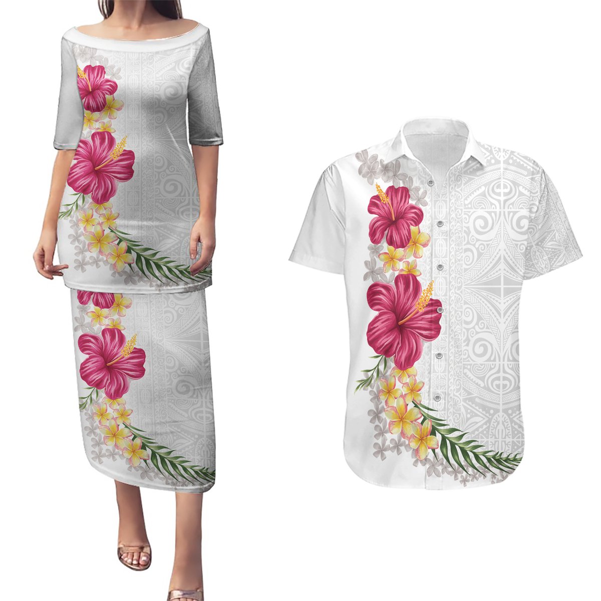 Hawaiian Plumeria and Hibiscus Couples Matching Puletasi and Hawaiian Shirt White Mode LT03 White - Polynesian Pride