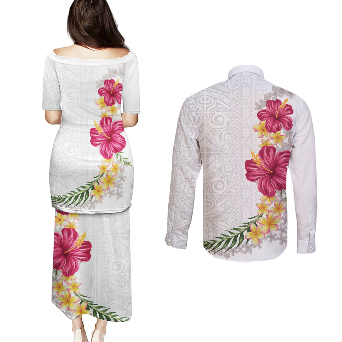 Hawaiian Plumeria and Hibiscus Couples Matching Puletasi and Long Sleeve Button Shirt White Mode