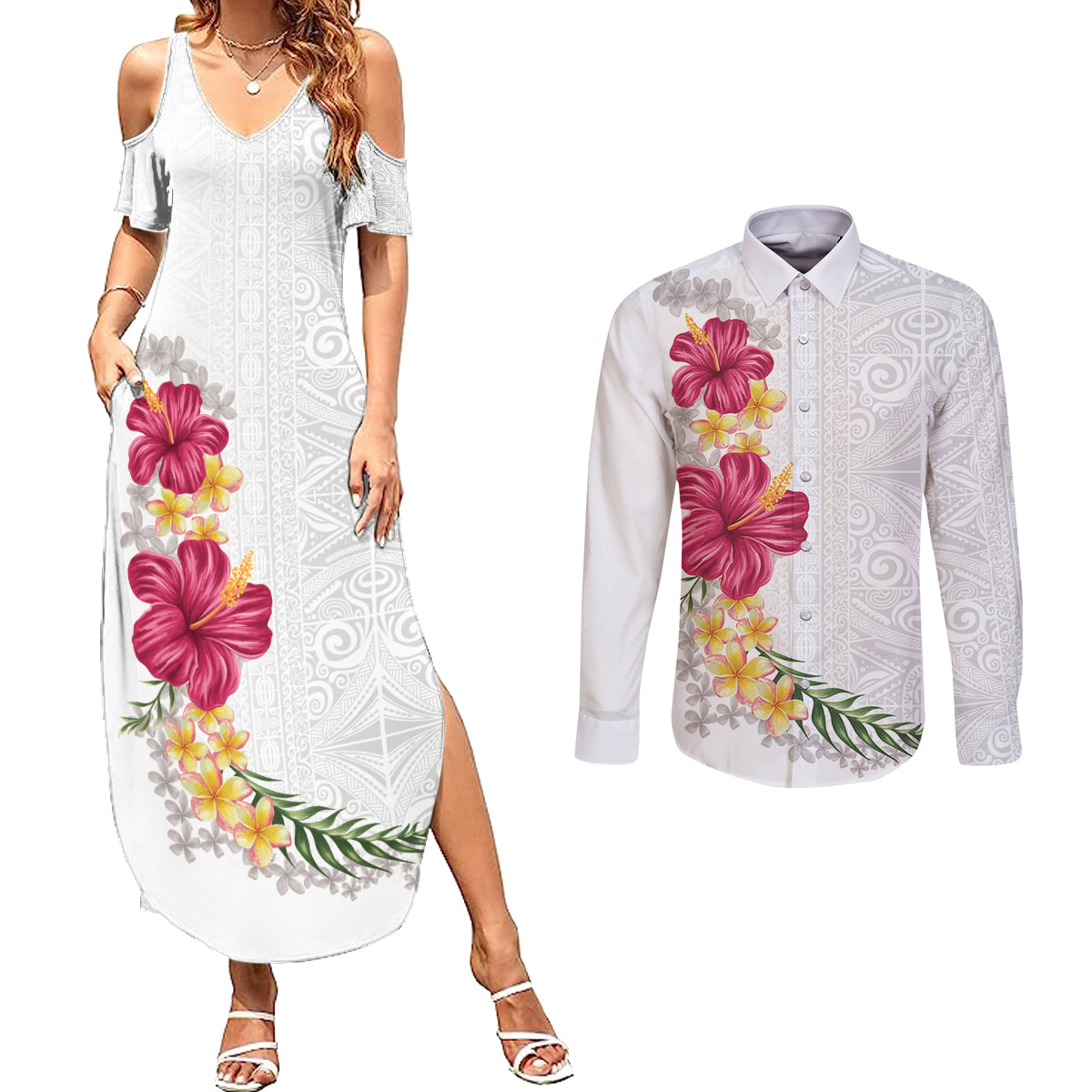 Hawaiian Plumeria and Hibiscus Couples Matching Summer Maxi Dress and Long Sleeve Button Shirt White Mode