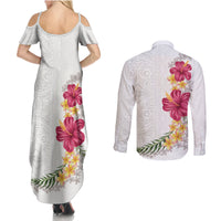Hawaiian Plumeria and Hibiscus Couples Matching Summer Maxi Dress and Long Sleeve Button Shirt White Mode
