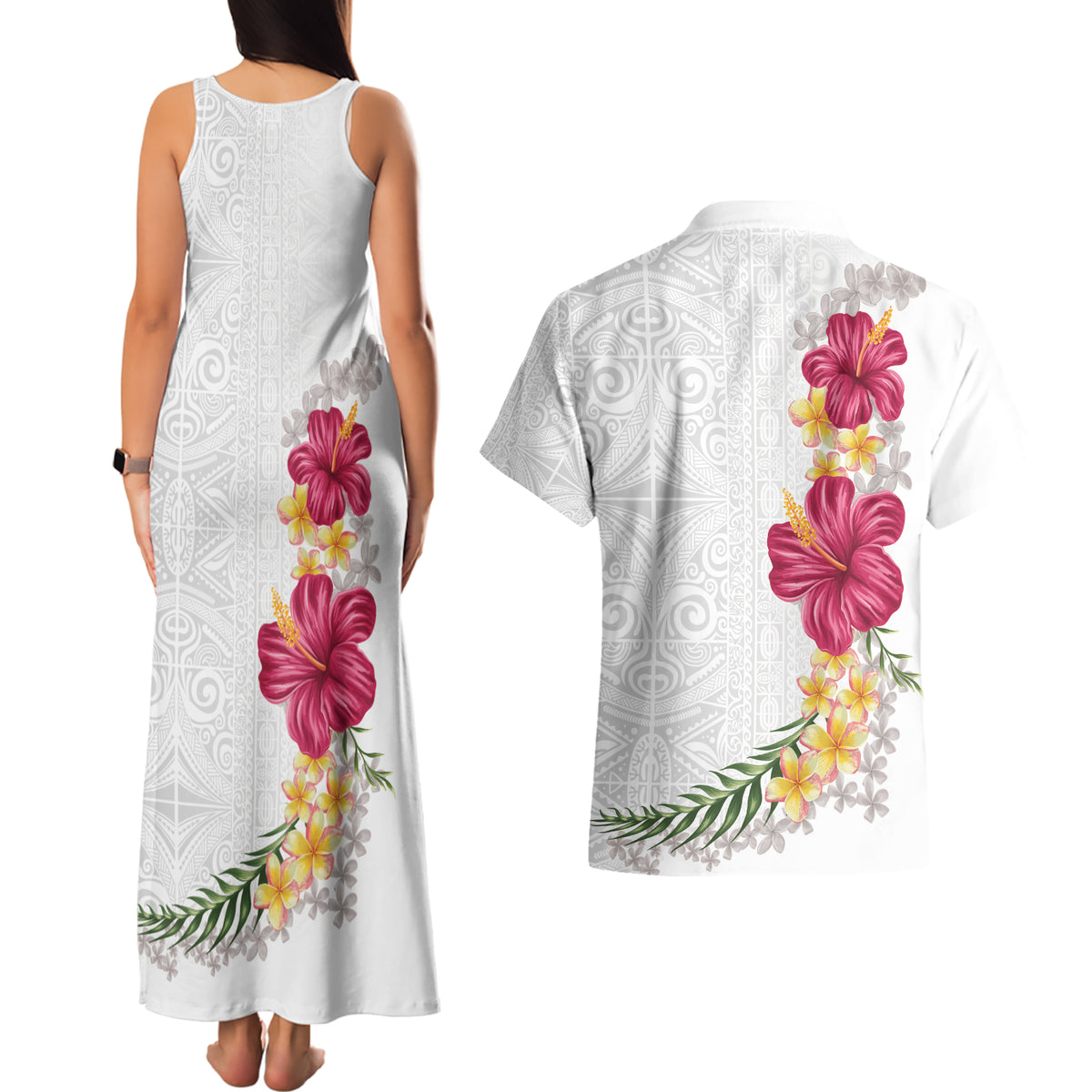 Hawaiian Plumeria and Hibiscus Couples Matching Tank Maxi Dress and Hawaiian Shirt White Mode