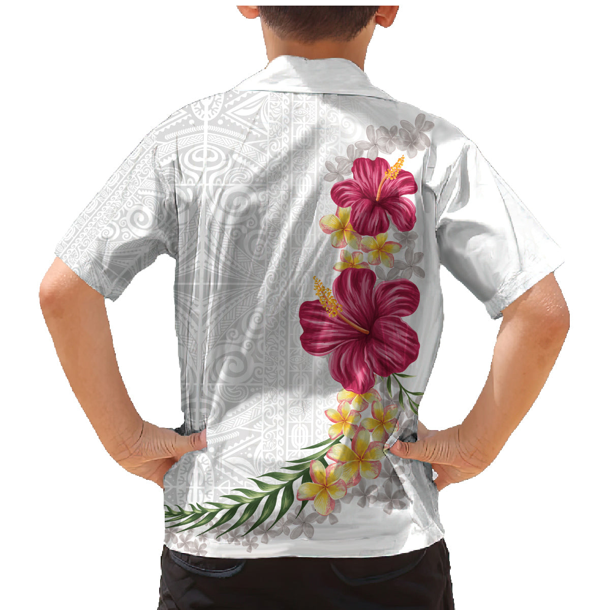 Hawaiian Plumeria and Hibiscus Family Matching Mermaid Dress and Hawaiian Shirt White Mode