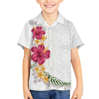 Hawaiian Plumeria and Hibiscus Family Matching Off The Shoulder Long Sleeve Dress and Hawaiian Shirt White Mode