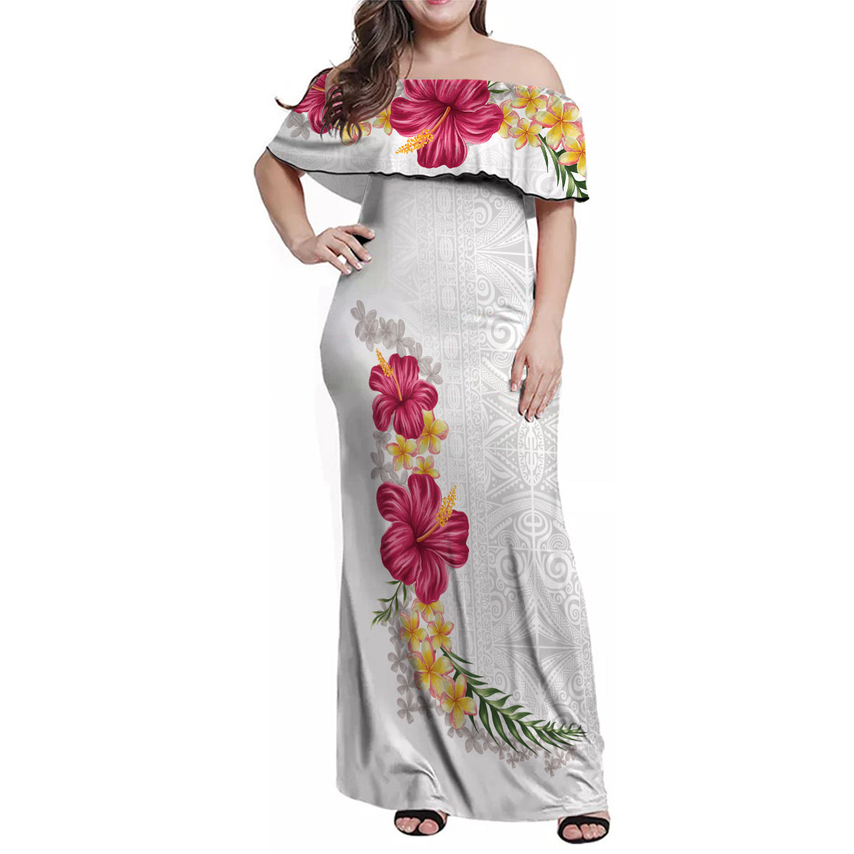 Hawaiian Plumeria and Hibiscus Family Matching Off Shoulder Maxi Dress and Hawaiian Shirt White Mode