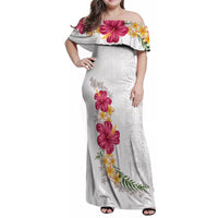 Hawaiian Plumeria and Hibiscus Family Matching Off Shoulder Maxi Dress and Hawaiian Shirt White Mode