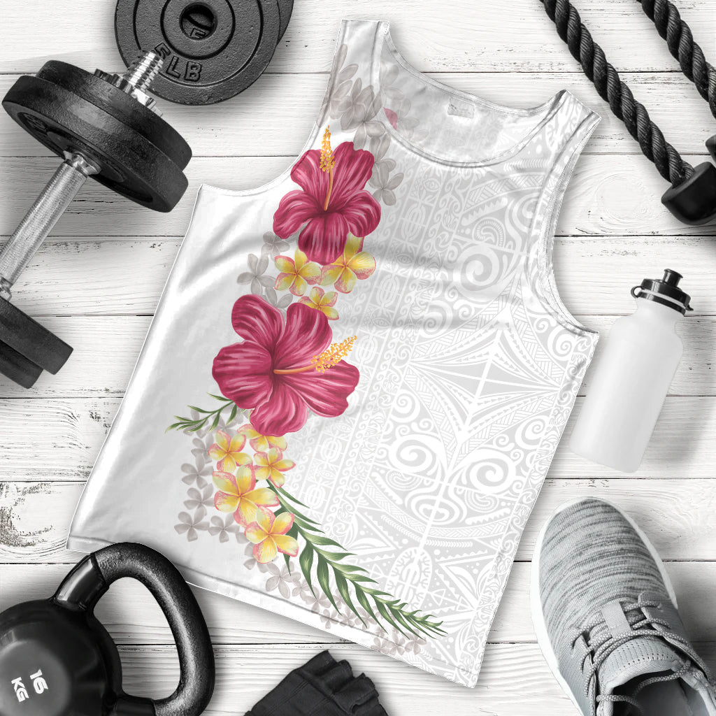 Hawaiian Plumeria and Hibiscus Men Tank Top White Mode