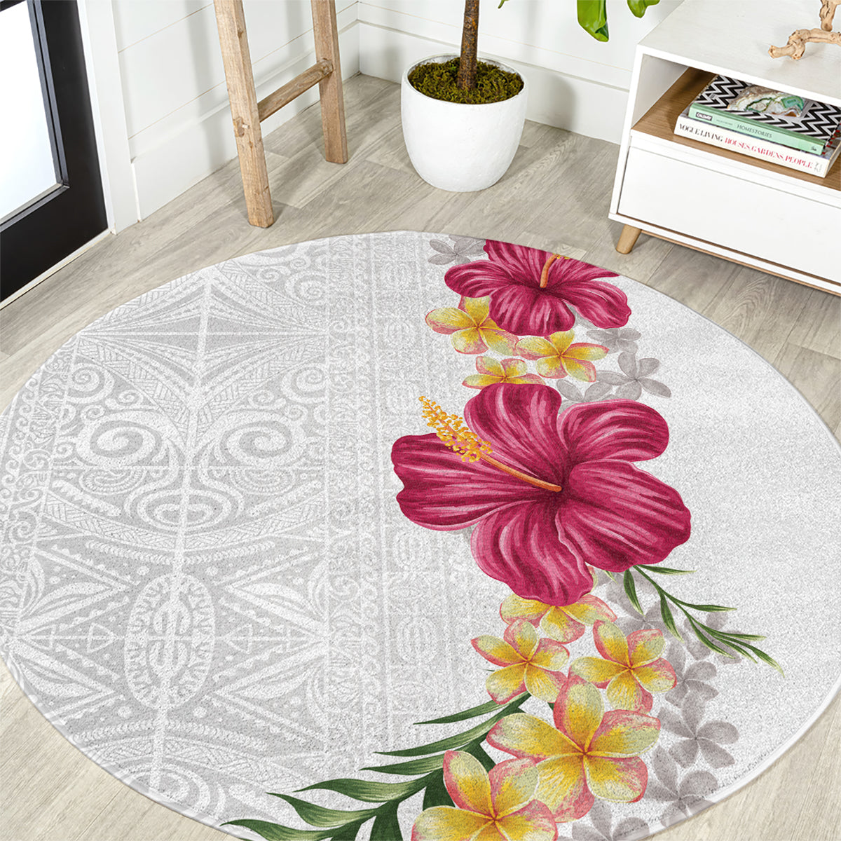 Hawaiian Plumeria and Hibiscus Round Carpet White Mode