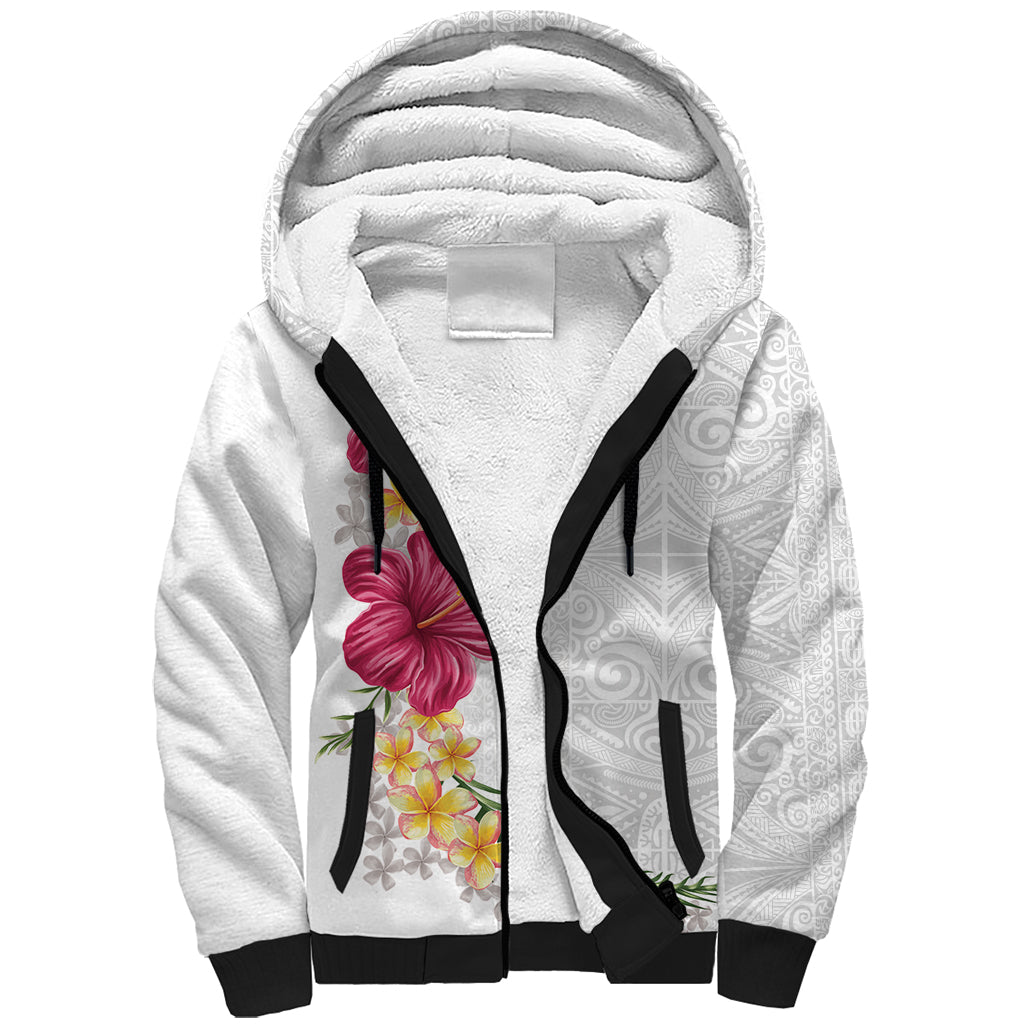 Hawaiian Plumeria and Hibiscus Sherpa Hoodie White Mode