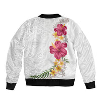 Hawaiian Plumeria and Hibiscus Sleeve Zip Bomber Jacket White Mode