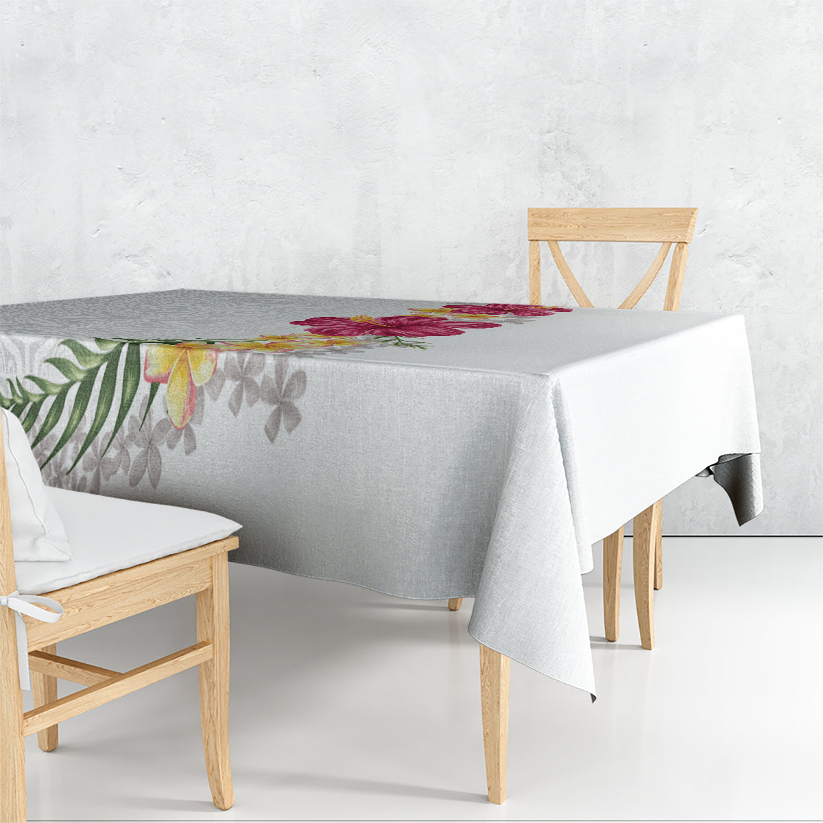 Hawaiian Plumeria and Hibiscus Tablecloth White Mode