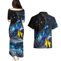 New Zealand Tui Bird Matariki Couples Matching Puletasi and Hawaiian Shirt Galaxy Fern With Maori Pattern