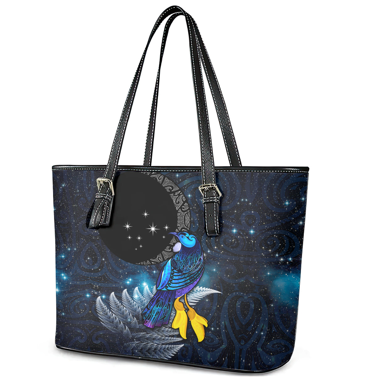 New Zealand Tui Bird Matariki Leather Tote Bag Galaxy Fern With Maori Pattern