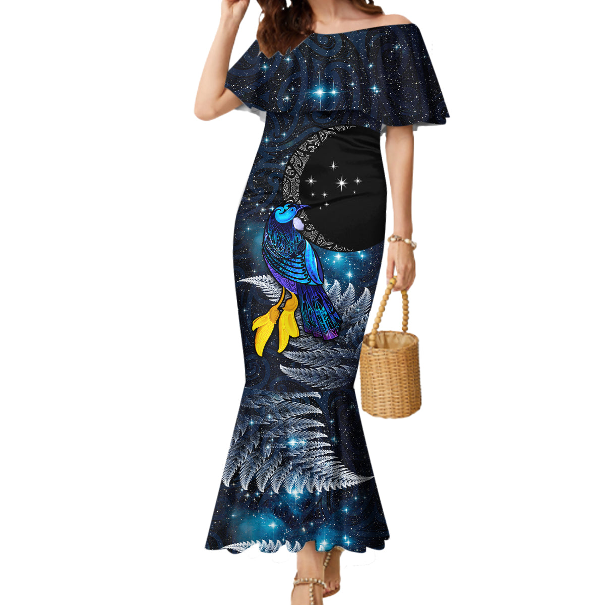 New Zealand Tui Bird Matariki Mermaid Dress Galaxy Fern With Maori Pattern