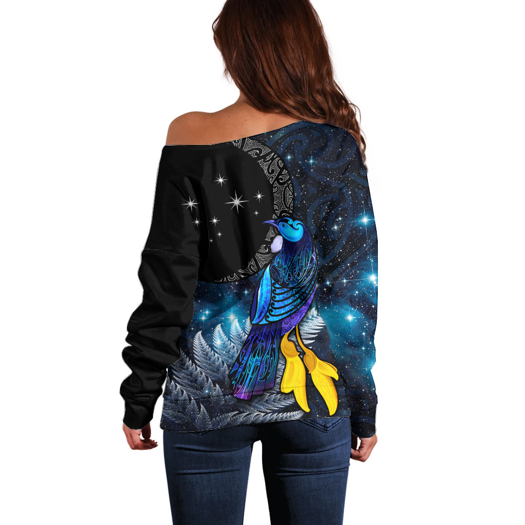 New Zealand Tui Bird Matariki Off Shoulder Sweater Galaxy Fern With Maori Pattern