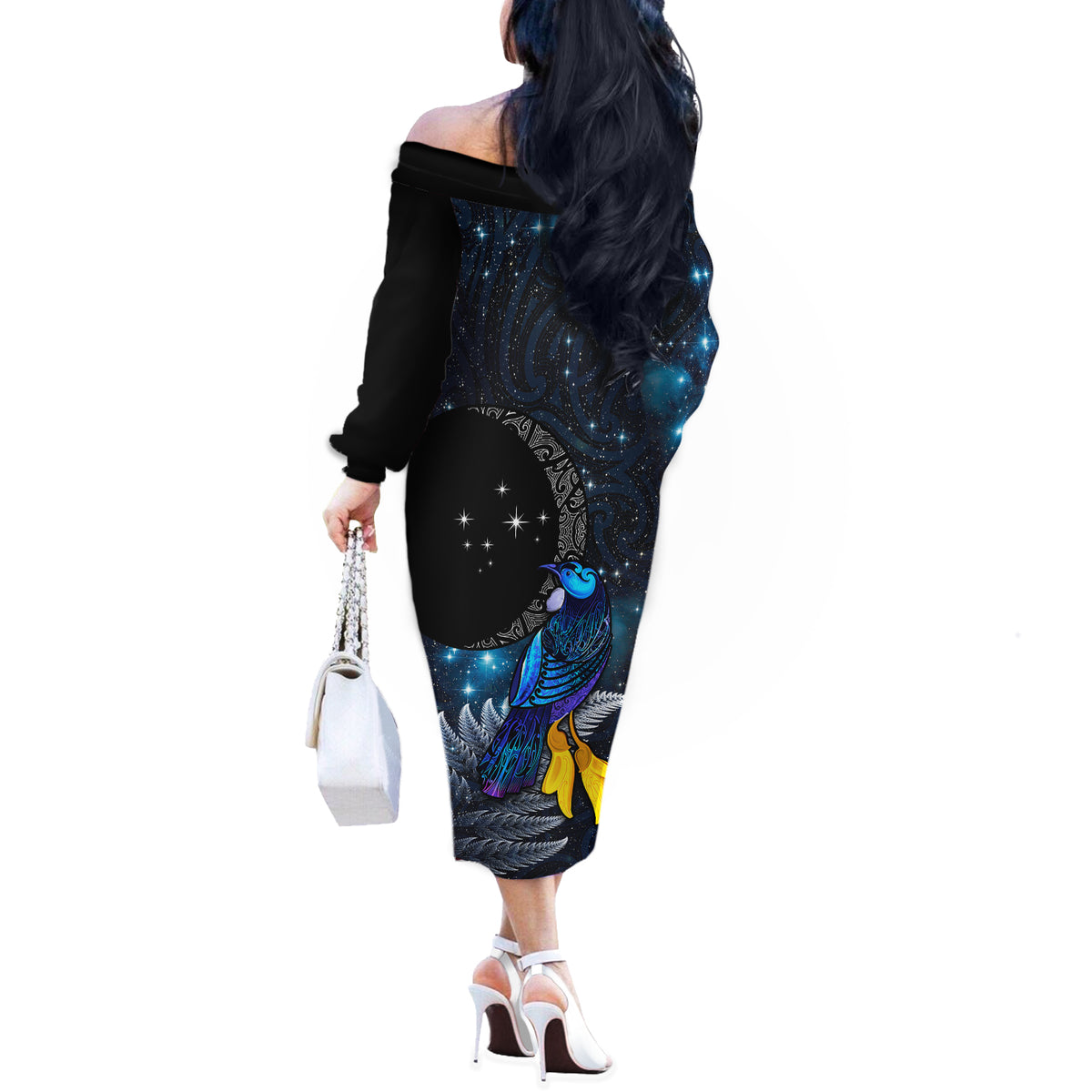 New Zealand Tui Bird Matariki Off The Shoulder Long Sleeve Dress Galaxy Fern With Maori Pattern
